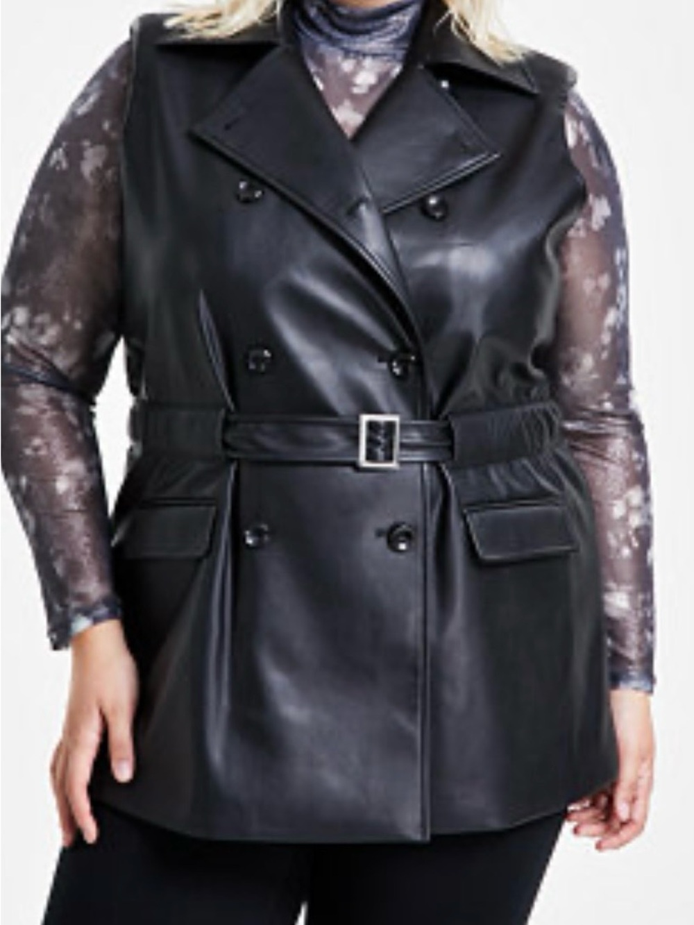 Bar III Plus-Size Black Faux Leather Belted Sleeveless Coat